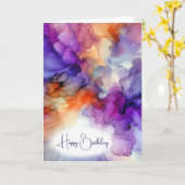 誕生日オレンジと紫アルコールインク抽象芸術 カード (黄色い花)