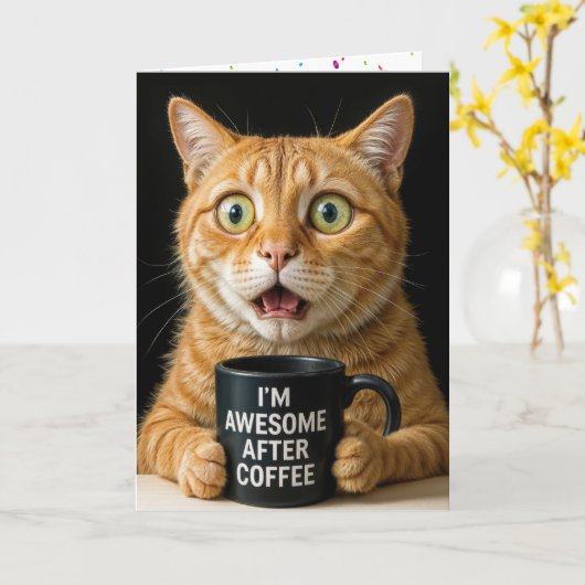 誕生日オレンジキャットとおもしろいコーヒーマグ カード (黄色い花)