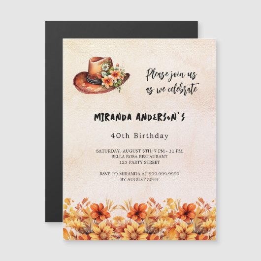 誕生日オレンジフラワーズボホ女性のカーボーイハットラグジュアリー マグネット招待状 (正面/裏面)