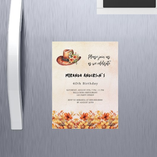 誕生日オレンジフラワーズボホ女性のカーボーイハットラグジュアリー マグネット招待状