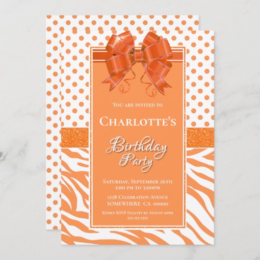 誕生日オレンジ水玉模様とゼブラストライプ 招待状 (正面/裏面)