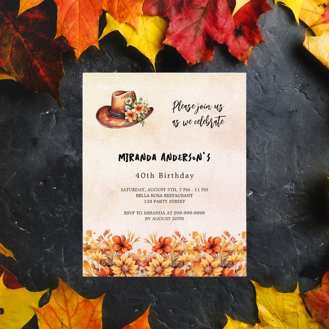 誕生日オレンジ色の花の女性のカーボーイ予算の招待 (クリエイターアップロード済み)