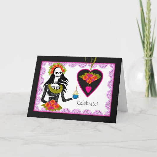 誕生日オンディアデロスミュートススケルトンカップケーキ カード (正面)