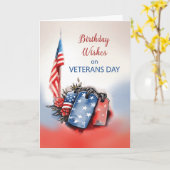 誕生日オン退役軍人デイ愛国犬タグ カード (黄色い花)