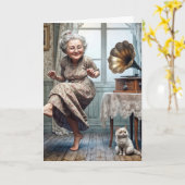 誕生日オールドレディ踊りへ蓄音機 カード (黄色い花)