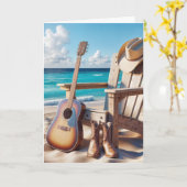 誕生日カウボーイハットとブーツオンビーチ カード (黄色い花)
