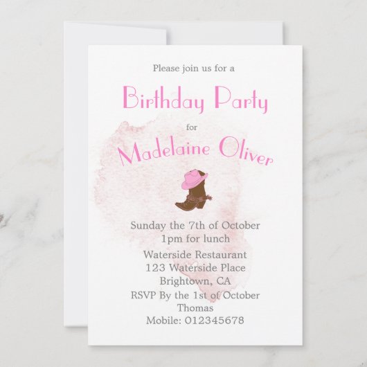 誕生日カウボーイピンクパーティー 招待状 (裏面)