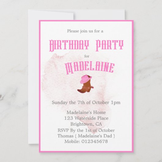 誕生日カウボーイ女性のカーボーイガールズエイジパーティの招待状 招待状 (裏面)