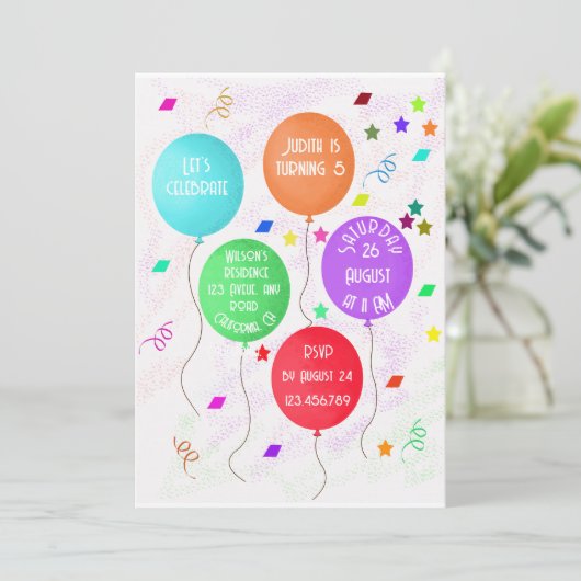 誕生日カウントカラフルバルーン 招待状 (スタンド正面)