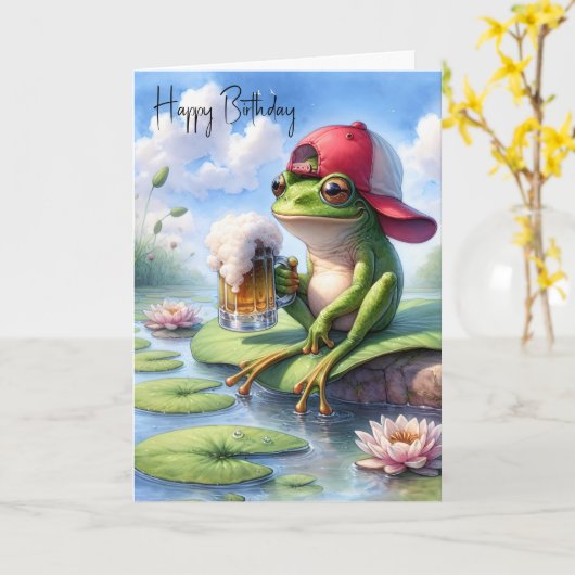 誕生日カエルがビールマグカップを持つ カード (黄色い花)