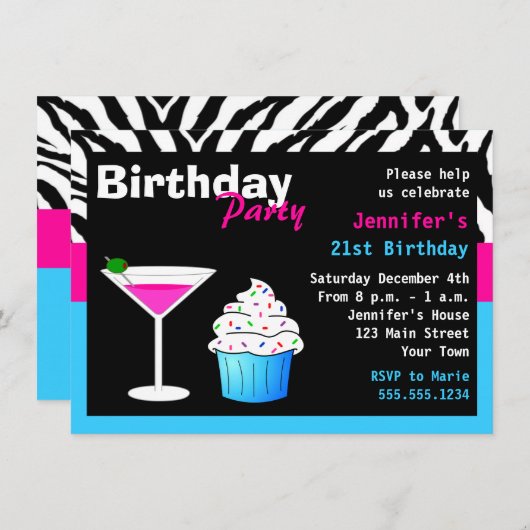 誕生日カカスタムクテルパーティーピンク&ブルーゼブラ 招待状 (正面/裏面)