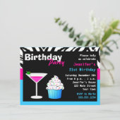 誕生日カカスタムクテルパーティーピンク&ブルーゼブラ 招待状 (スタンド正面)