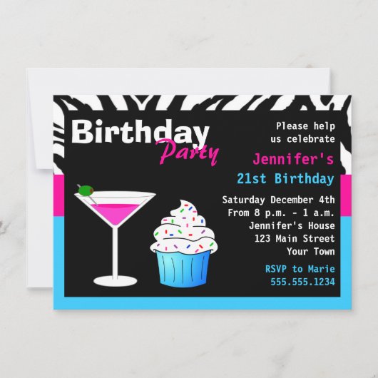 誕生日カカスタムクテルパーティーピンク&ブルーゼブラ 招待状 (正面)