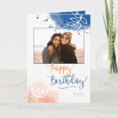 誕生日カスタムの写真と名前の水色 カード (正面)