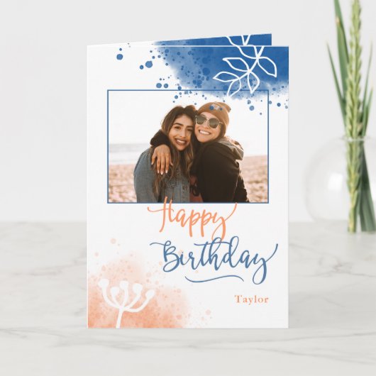 誕生日カスタムの写真と名前の水色 カード (正面)