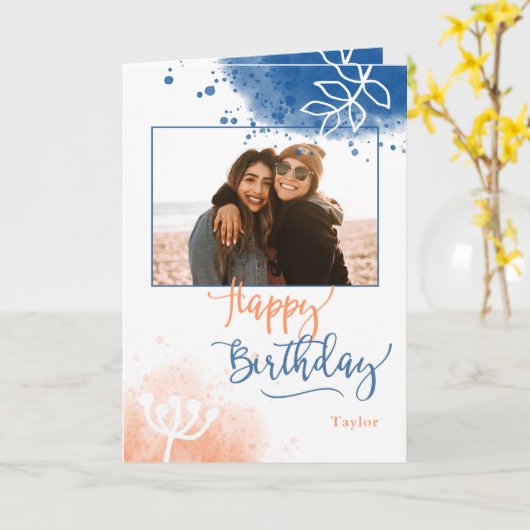 誕生日カスタムの写真と名前の水色 カード (黄色い花)