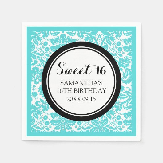 誕生日カスタムスウィート16ナプキンアクアブラックダマスク スタンダードカクテルナプキン (正面)