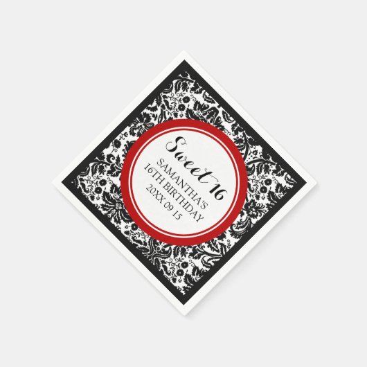 誕生日カスタムスウィート16ナプキンレッドブラックダマスク スタンダードカクテルナプキン (角)