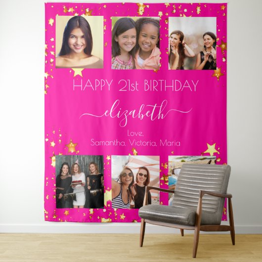 誕生日カスタムフォトコラージュ熱ピンクの友人 タペストリー (インサイチュ)