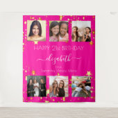 誕生日カスタムフォトコラージュ熱ピンクの友人 タペストリー (正面)