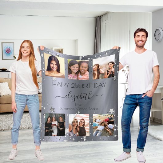 誕生日カスタムフォトコラージュ銀最高の友達 フリースブランケット