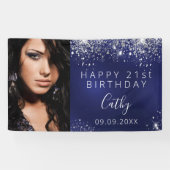 誕生日カスタムフォトブルー銀グリッターバナー 横断幕 (横)