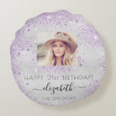 誕生日カスタムフォト銀グリッター名 ラウンドクッション (裏面)