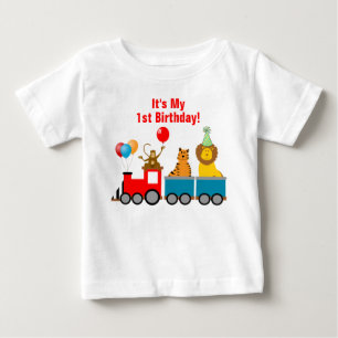 誕生日カスタムボーイズーサファリアニマルライオントレイン ベビーTシャツ