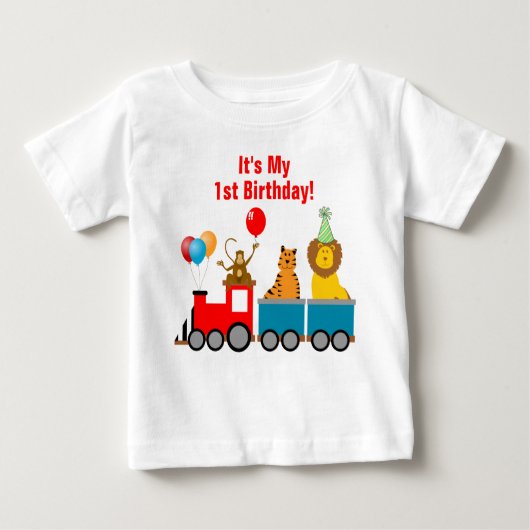 誕生日カスタムボーイズーサファリアニマルライオントレイン ベビーTシャツ (正面)