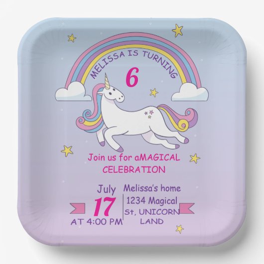 誕生日カスタムユニコーンプレートスクエアパーティー ペーパープレート (正面)