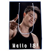 誕生日カスタム写真こんにちは18青い男の子の男性 ミディアムペーパーバッグ (裏面)