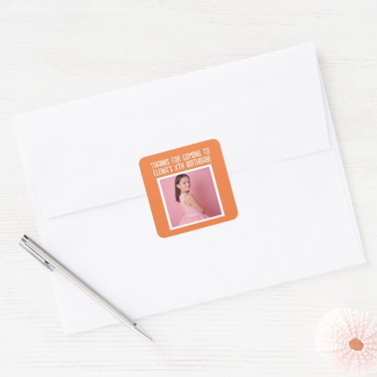 誕生日カスタム写真の名前を追加Any Age Thank You スクエアシール (封筒)