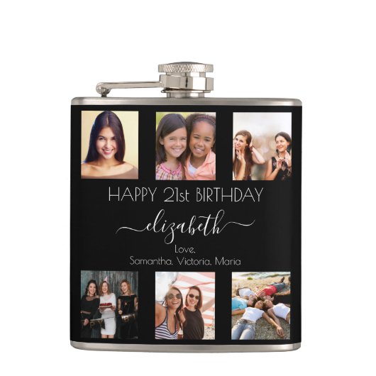 誕生日カスタム写真コラージュ白黒友だち フラスク (正面)