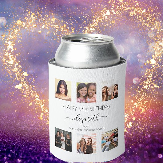 誕生日カスタム写真コラージュ白黒友だち 缶クーラー