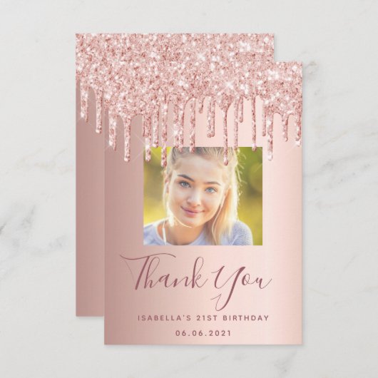 誕生日カスタム写真バラ金ゴールドピンクグリッターglam サンキューカード (正面/裏面)