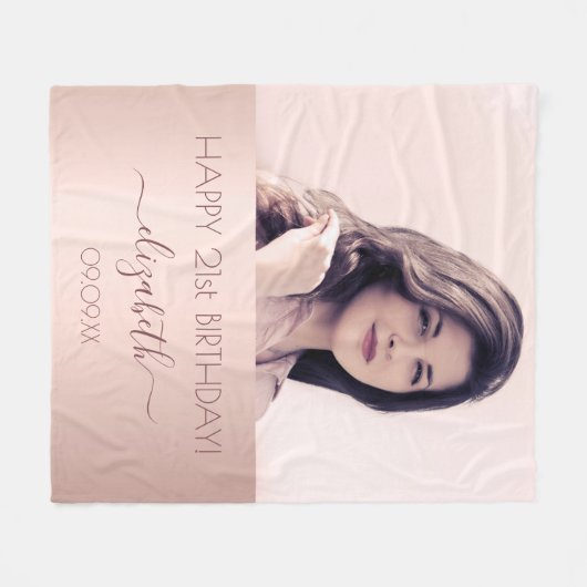 誕生日カスタム写真バラ金ゴールドピンク女性 フリースブランケット (正面(横))