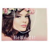 誕生日カスタム写真hello 21バラ金ゴールド ラージペーパーバッグ (正面)