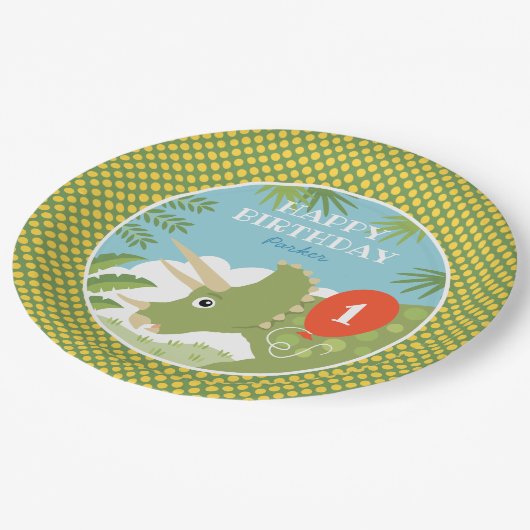 誕生日カスタム恐竜トリケラトプエイジングリーン ペーパープレート (アングル)