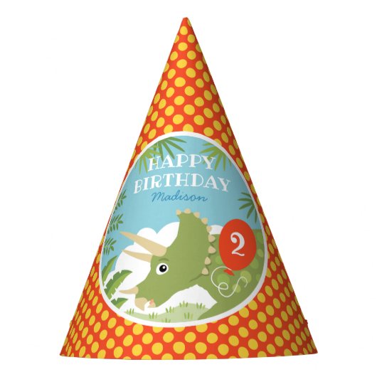 誕生日カスタム恐竜トリケラトプエージレッド パーティーハット (正面)