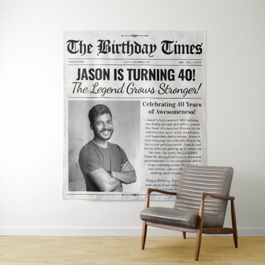 誕生日カスタム新聞の背景（写真付） タペストリー (インサイチュ)