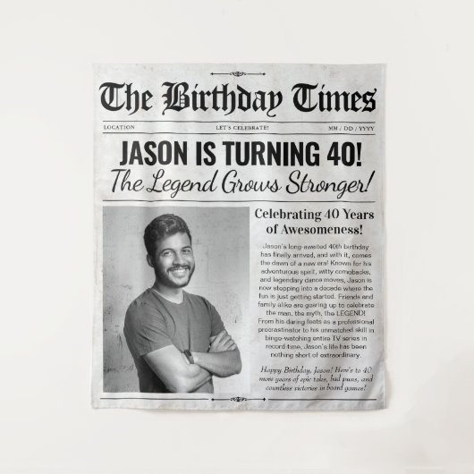 誕生日カスタム新聞の背景（写真付） タペストリー (正面)