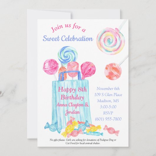 誕生日カスタム水カラーキャンディスウィート誕生日 招待状 (正面)