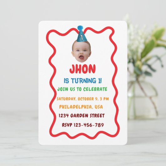 誕生日カスタム顔パーティーハット、ベビー第1誕生日 招待状 (スタンド正面)