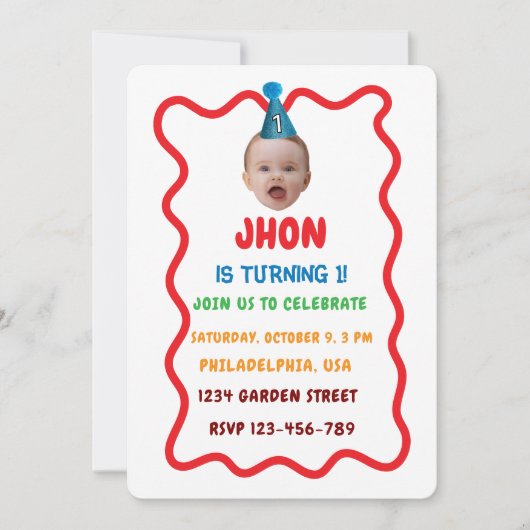 誕生日カスタム顔パーティーハット、ベビー第1誕生日 招待状 (正面)