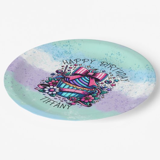 誕生日カップケお洒落ーパーソナライズされたキ ペーパープレート (アングル)