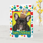 誕生日カップケフランスのーキ – ブルドッグ – ティール(緑がかった色) カード (黄色い花)