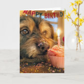誕生日カップケーキのそばのボサボサの犬 カード (黄色い花)