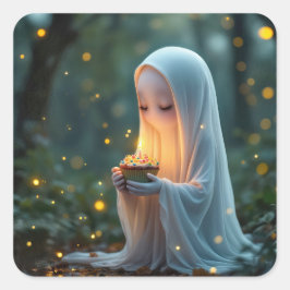 誕生日カップケーキを持つ幽霊 スクエアシール
