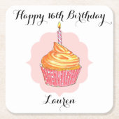 誕生日カップケーキピンクパーソナライズされた スクエアペーパーコースター (正面)