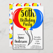 誕生日カラフルバルーン50番目のパーティー 招待状 (正面/裏面)